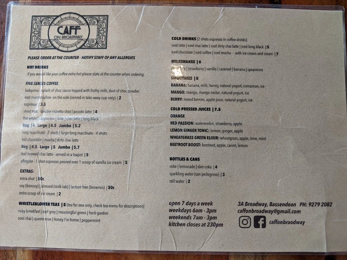 Menu, Caff on Broadway