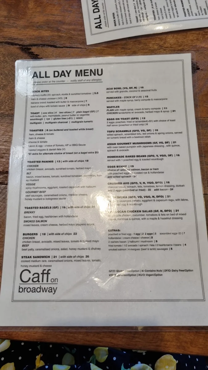 Menu, Caff on Broadway