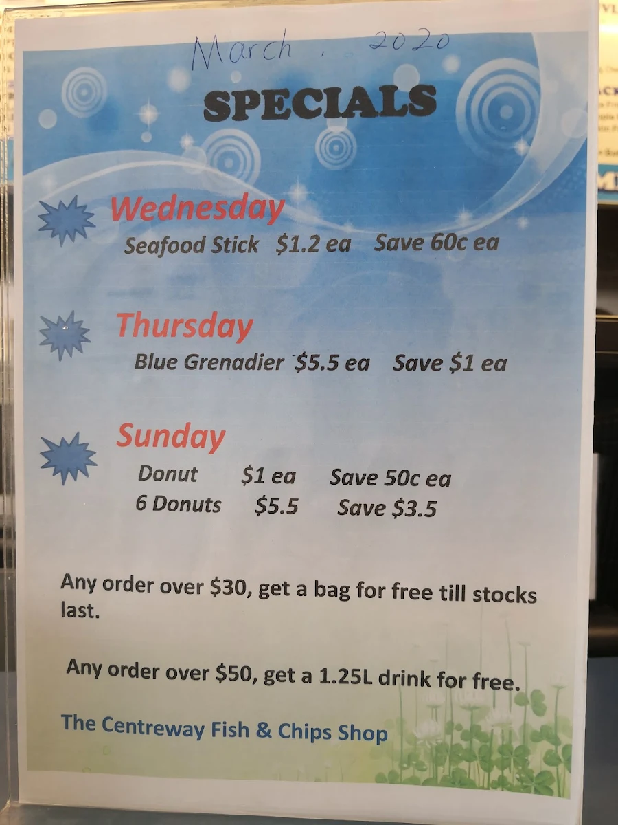 Menu, (Lara Area)The Centreway Fish & Chip Shop