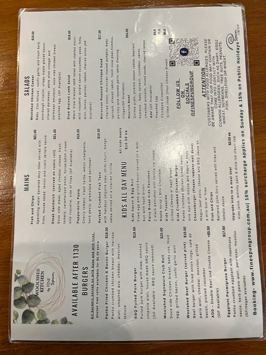 Menu, Woolshed Kitchen by Fine Spun