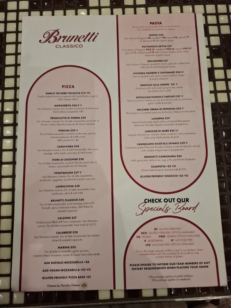 Menu, Brunetti Classico Carlton