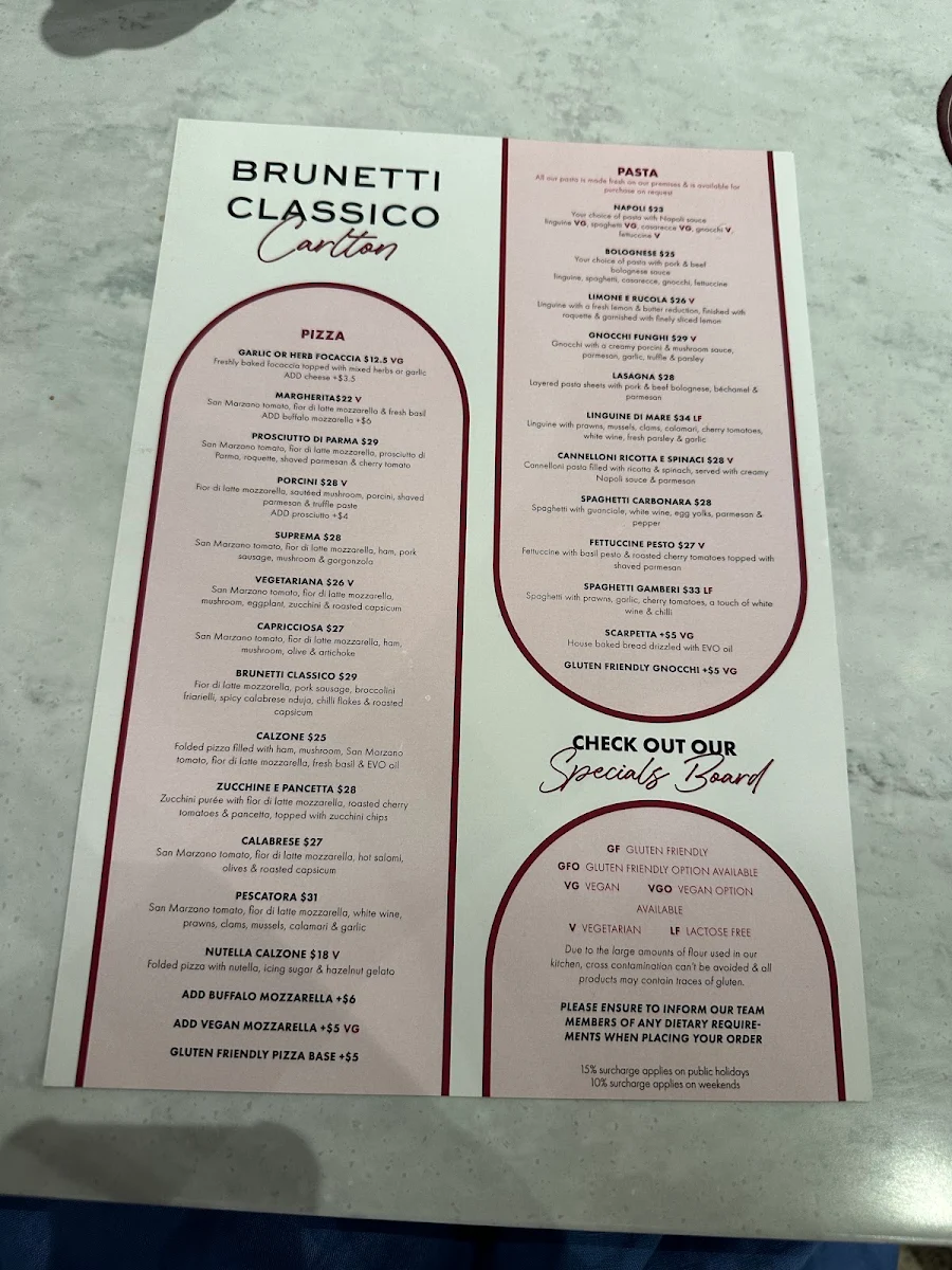 Menu, Brunetti Classico Carlton