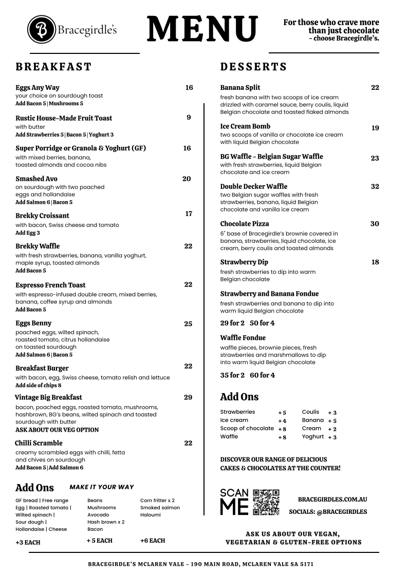Menu, Bracegirdle's McLaren Vale