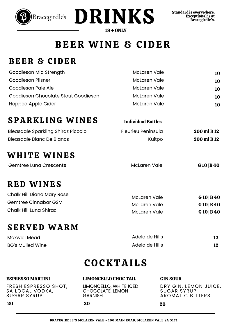 Menu, Bracegirdle's McLaren Vale