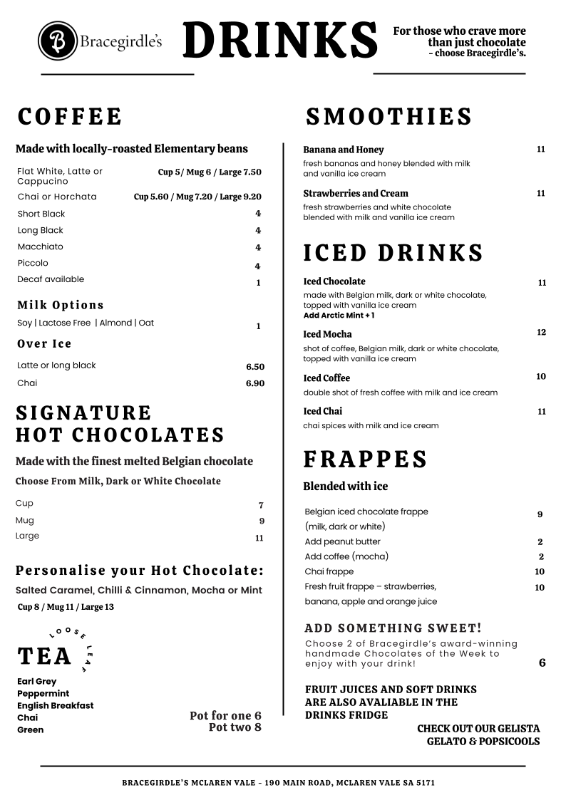 Menu, Bracegirdle's McLaren Vale