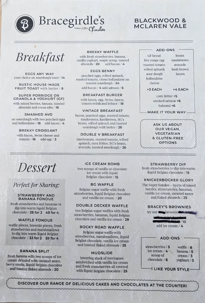 Menu, Bracegirdle's McLaren Vale