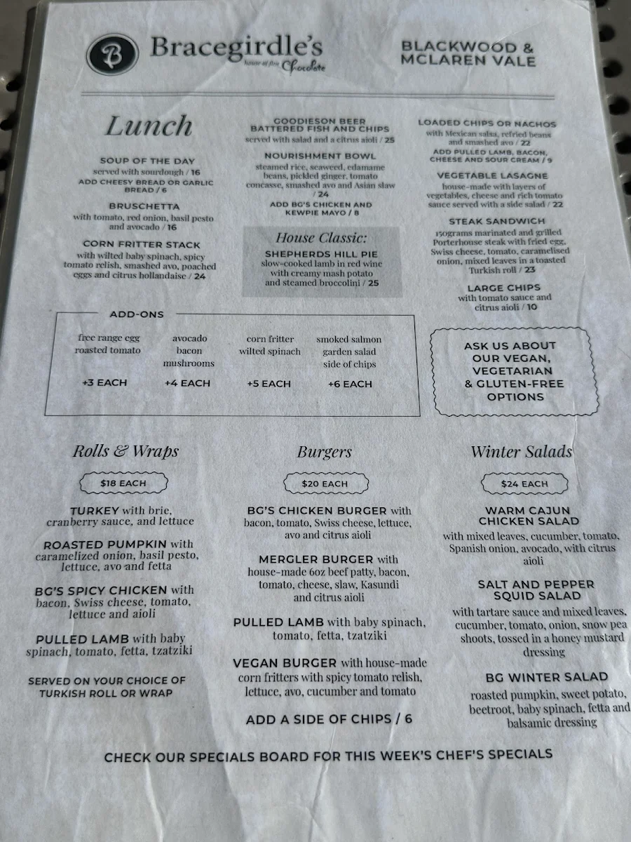 Menu, Bracegirdle's McLaren Vale