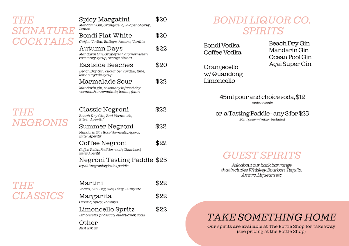 Menu, Bondi Liquor Co