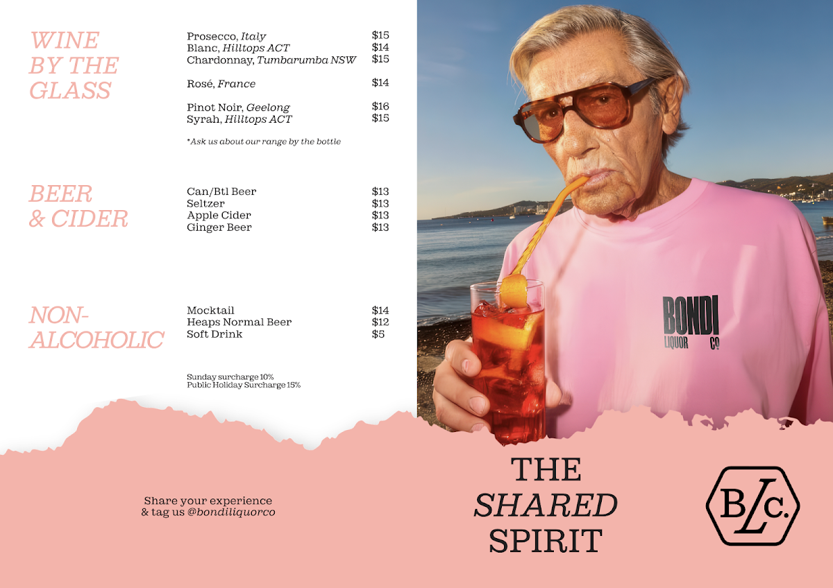 Menu, Bondi Liquor Co