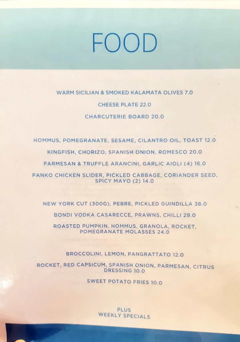 Menu, Bondi Liquor Co