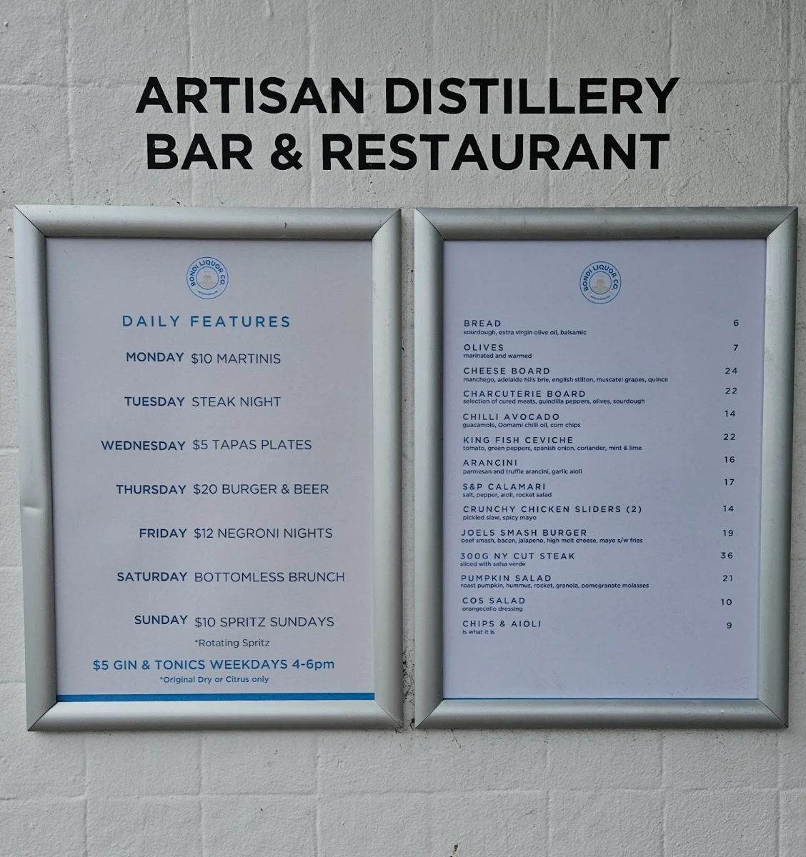 Menu, Bondi Liquor Co