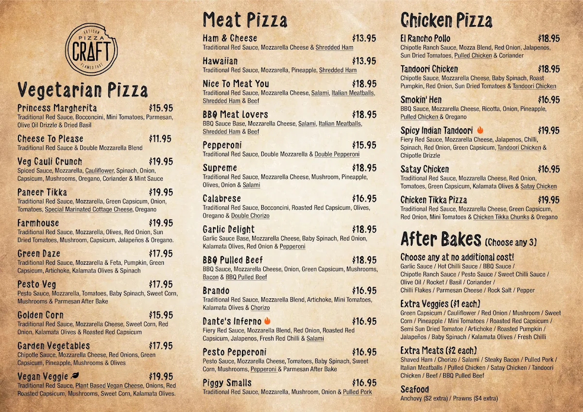 Menu, Pizza Craft