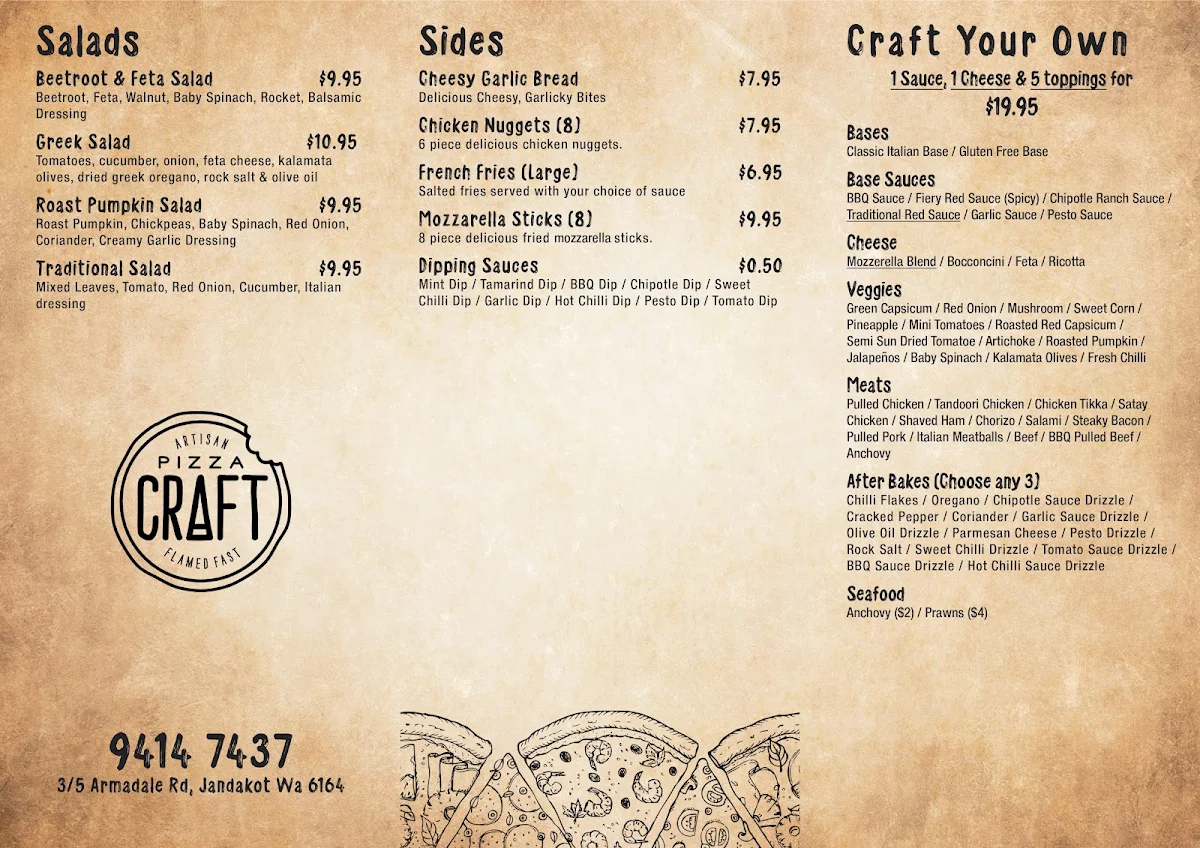 Menu, Pizza Craft