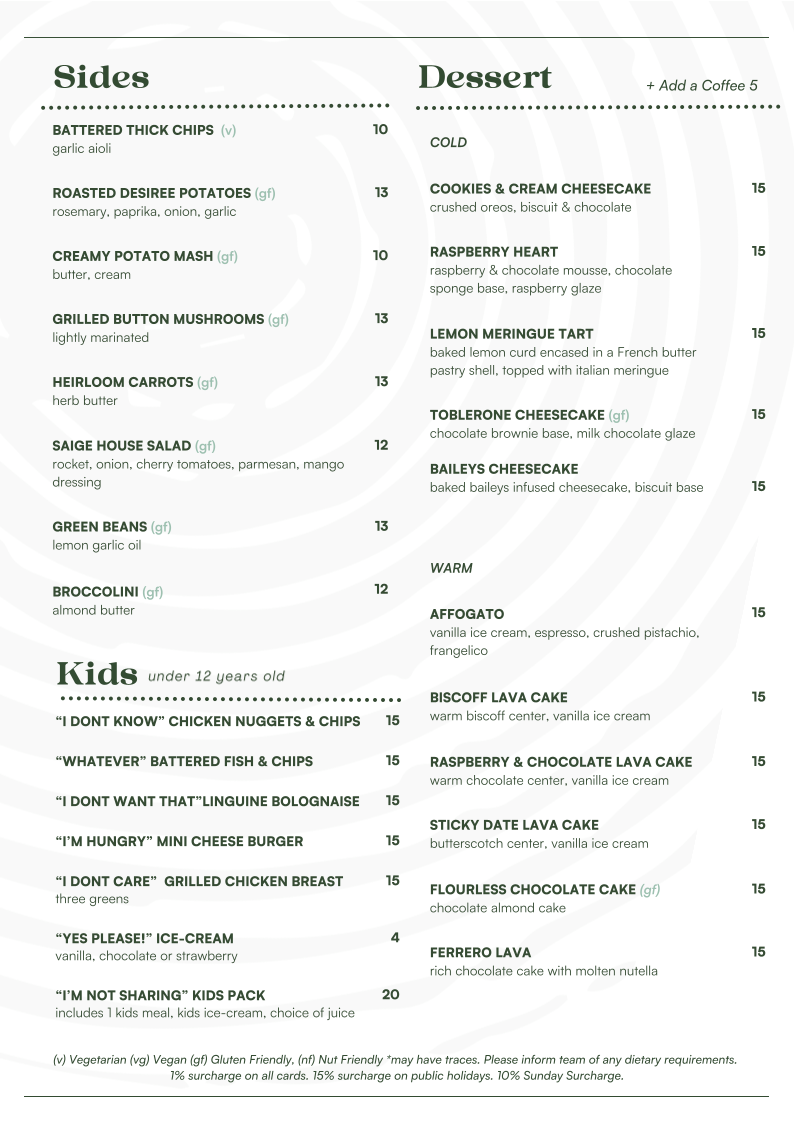 Menu, Saige Bistro
