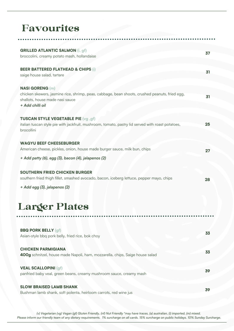Menu, Saige Bistro