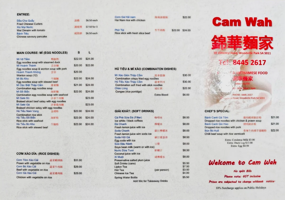Menu, Cam Wah Chinese & Vietnamese Restaurant