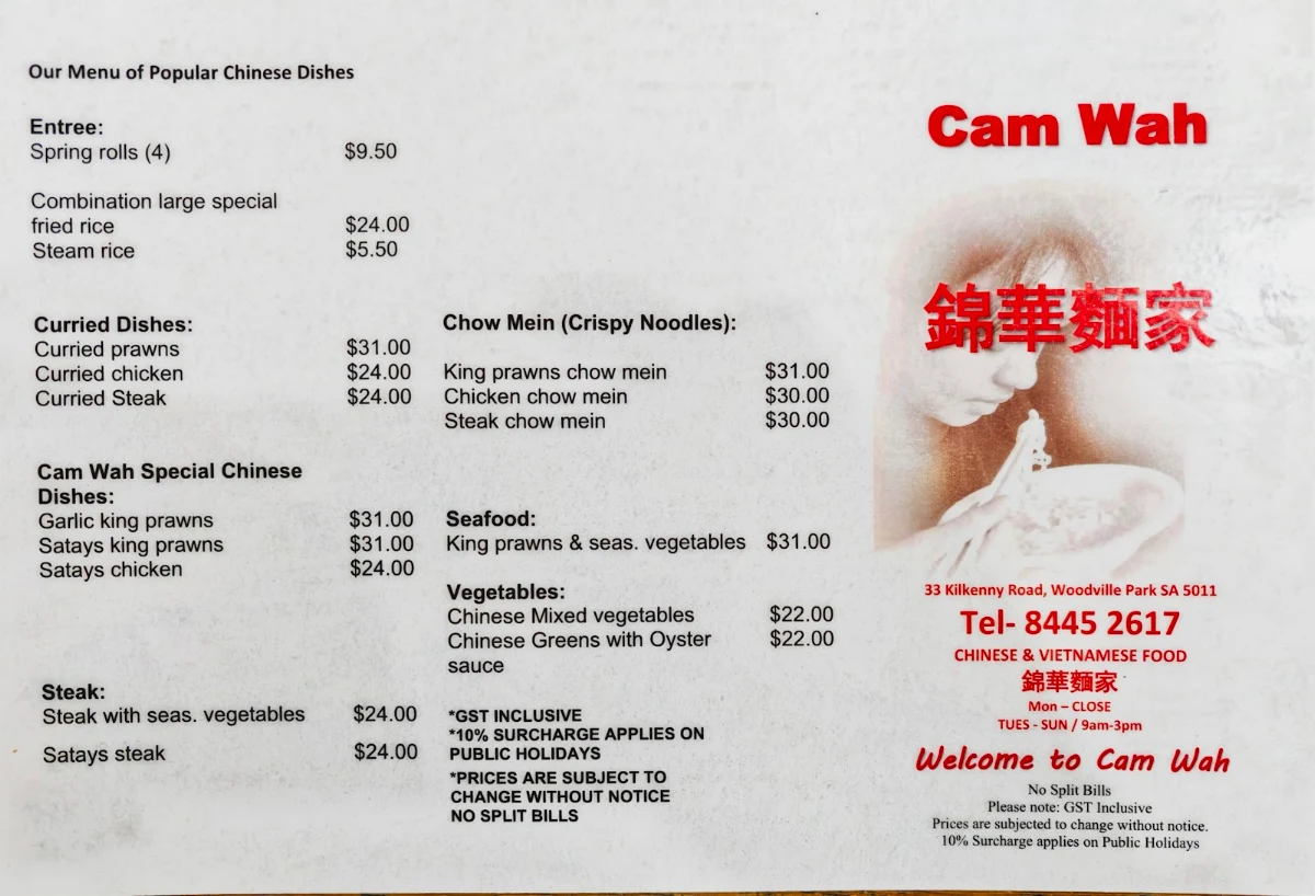 Menu, Cam Wah Chinese & Vietnamese Restaurant