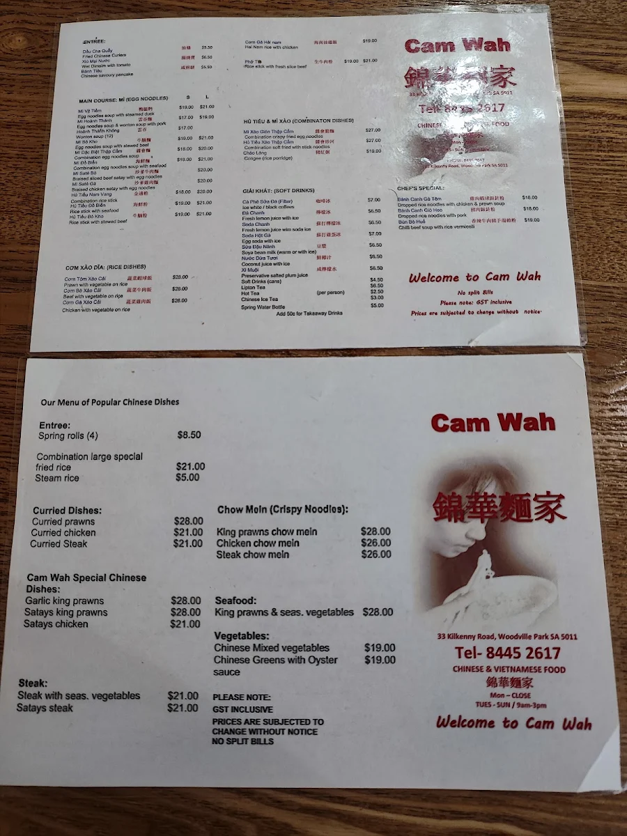 Menu, Cam Wah Chinese & Vietnamese Restaurant