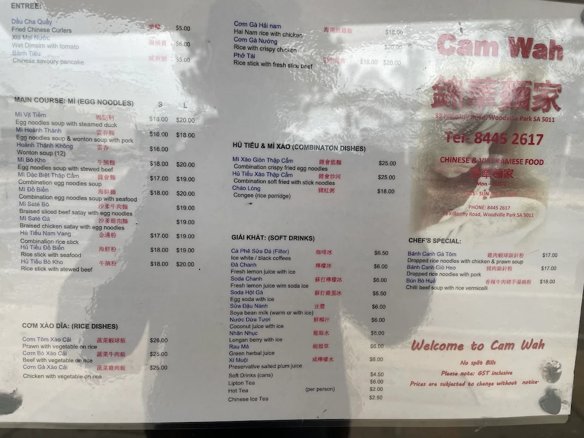 Menu, Cam Wah Chinese & Vietnamese Restaurant