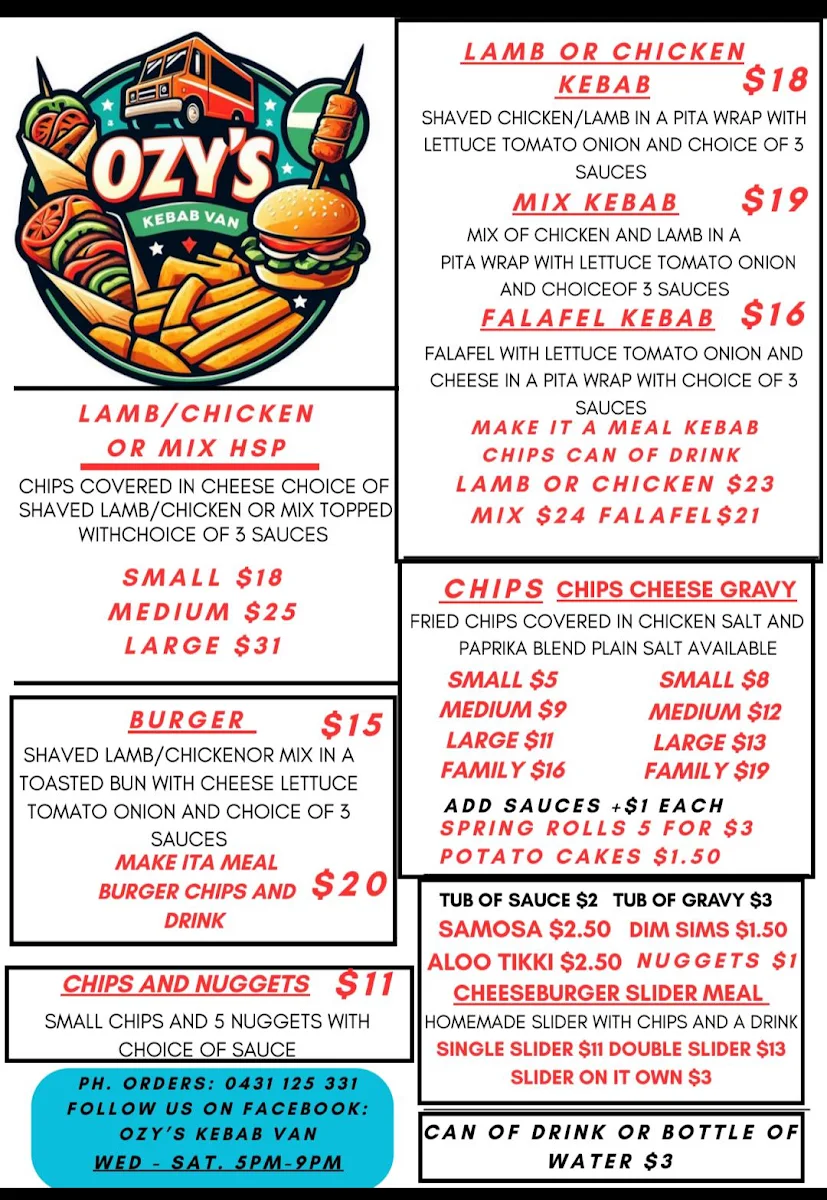 Menu, Ozy's Kebab Van