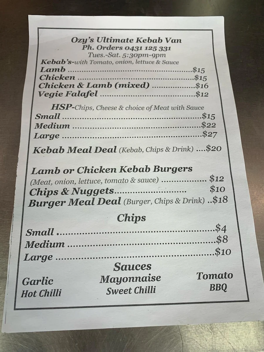 Menu, Ozy's Kebab Van