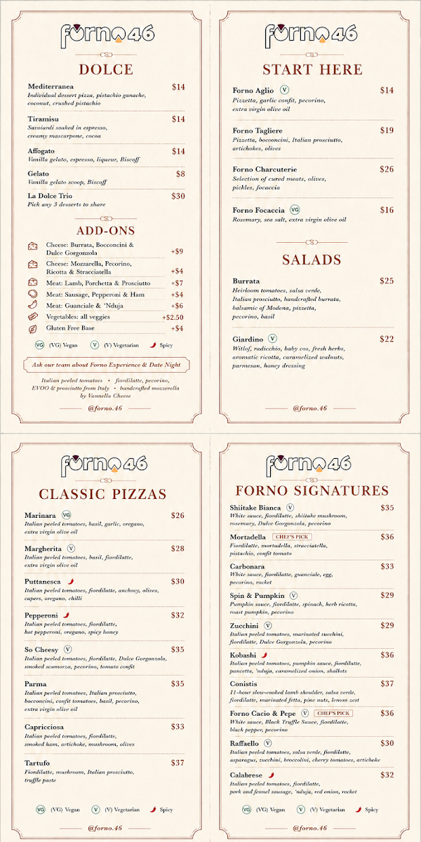 Menu, Forno 46