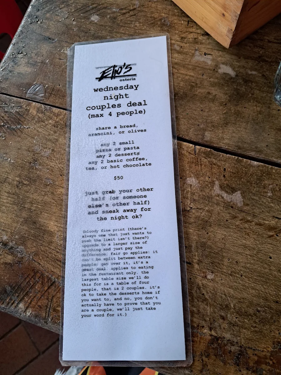 Menu, Elio's Osteria