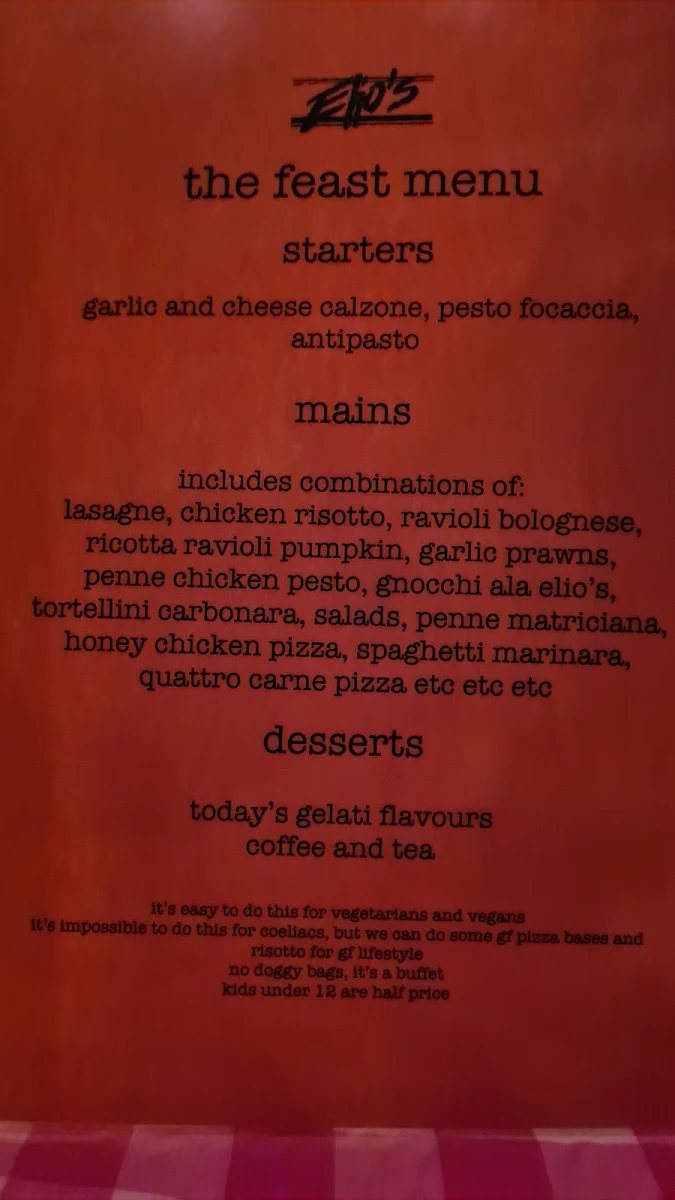 Menu, Elio's Osteria