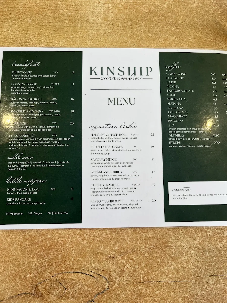 Menu, Kinship Currumbin