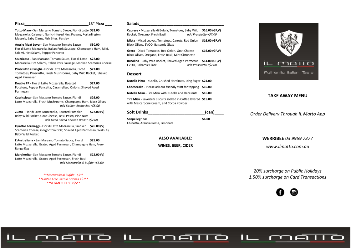 Menu, IL Matto Werribee