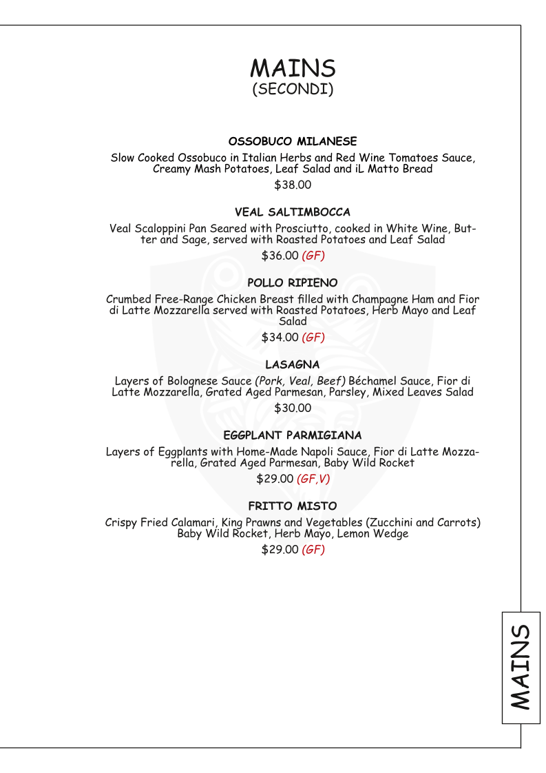 Menu, IL Matto Werribee