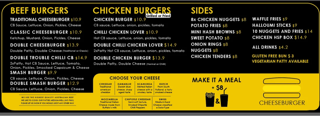 Menu, Cheeseburger Glenelg