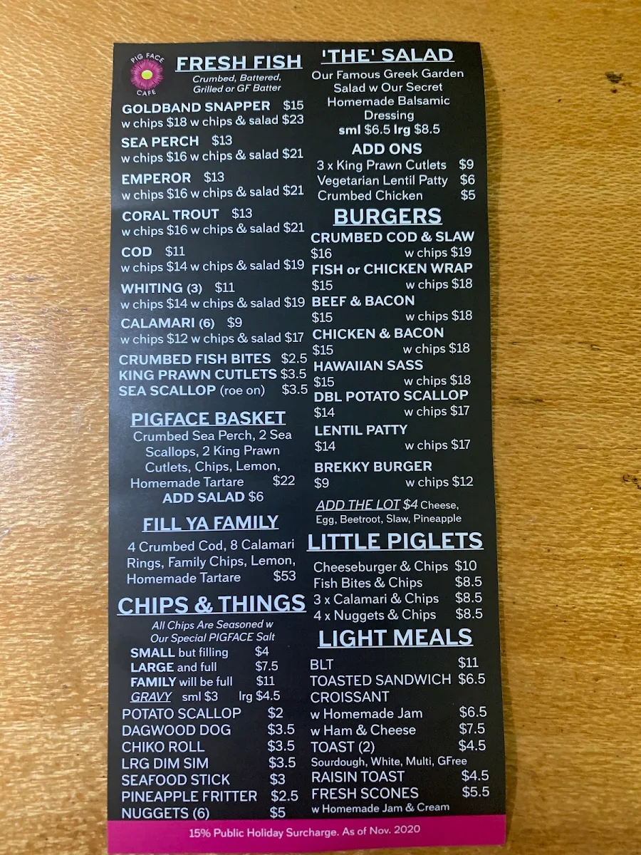 Menu, Pigface Seafood