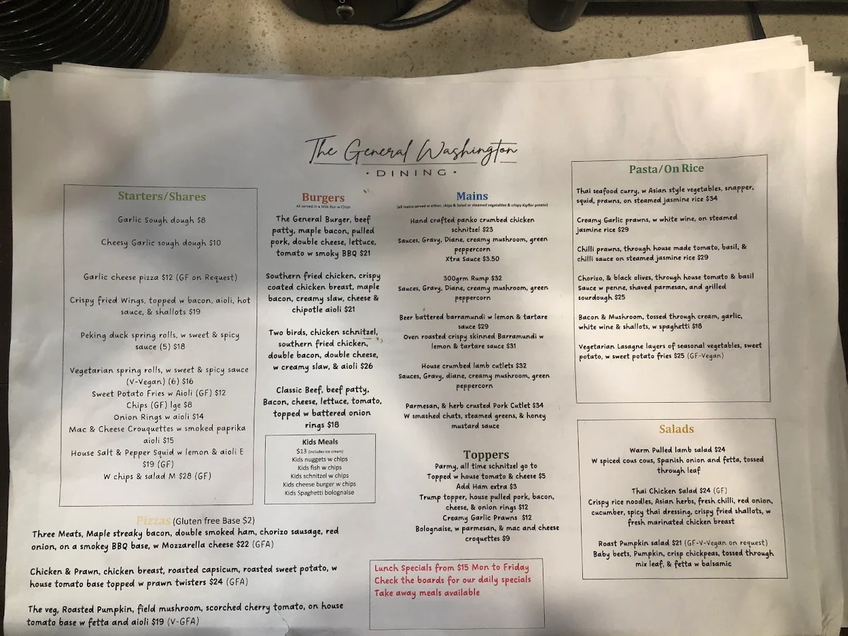 Menu, General Washington Hotel
