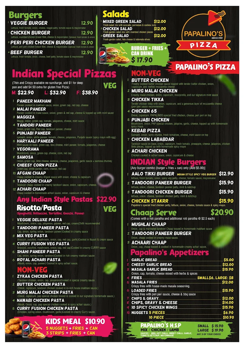 Menu, Papalino's Pizza