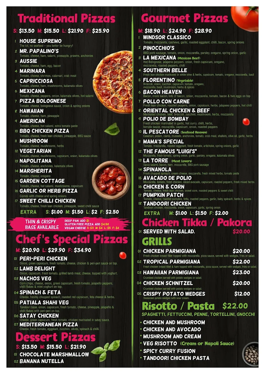 Menu, Papalino's Pizza