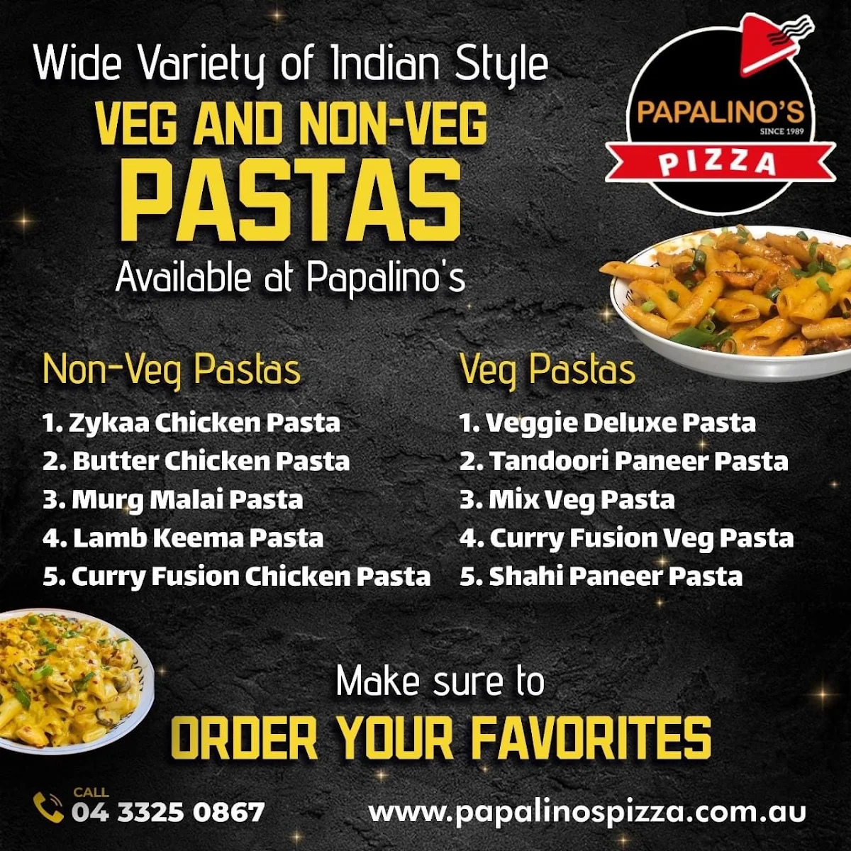 Menu, Papalino's Pizza
