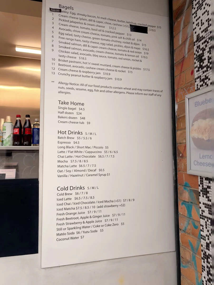 Menu, Mile End Bagels