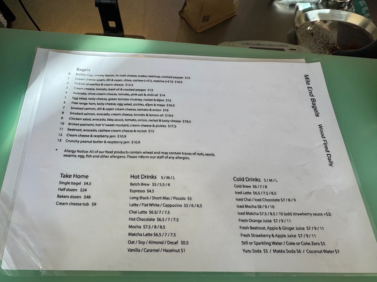 Menu, Mile End Bagels