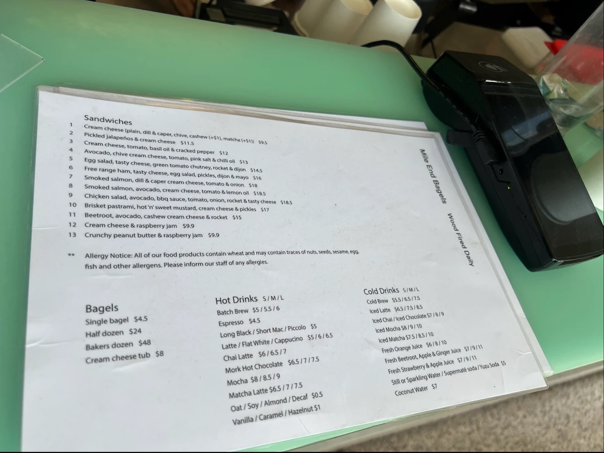 Menu, Mile End Bagels