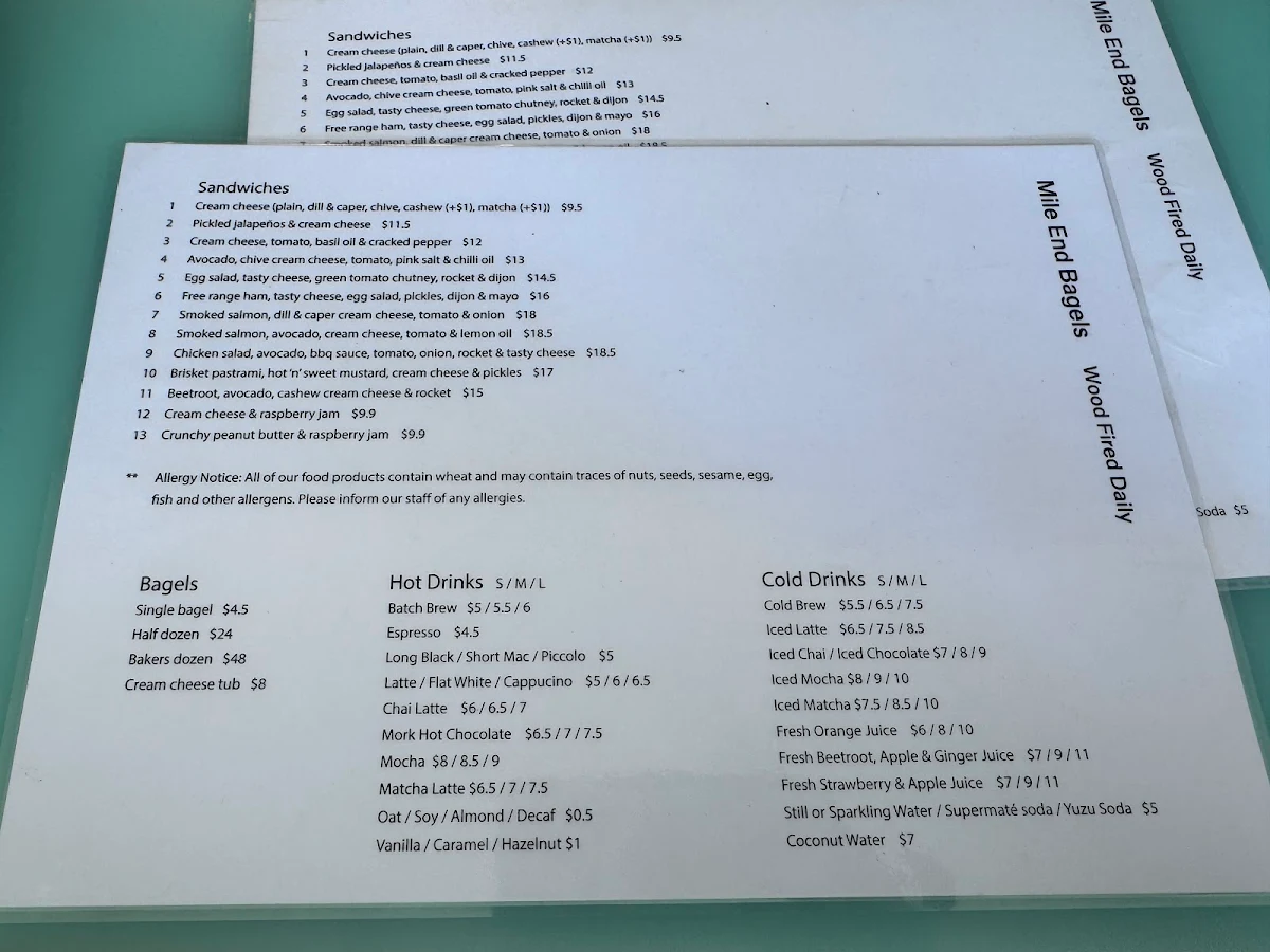 Menu, Mile End Bagels