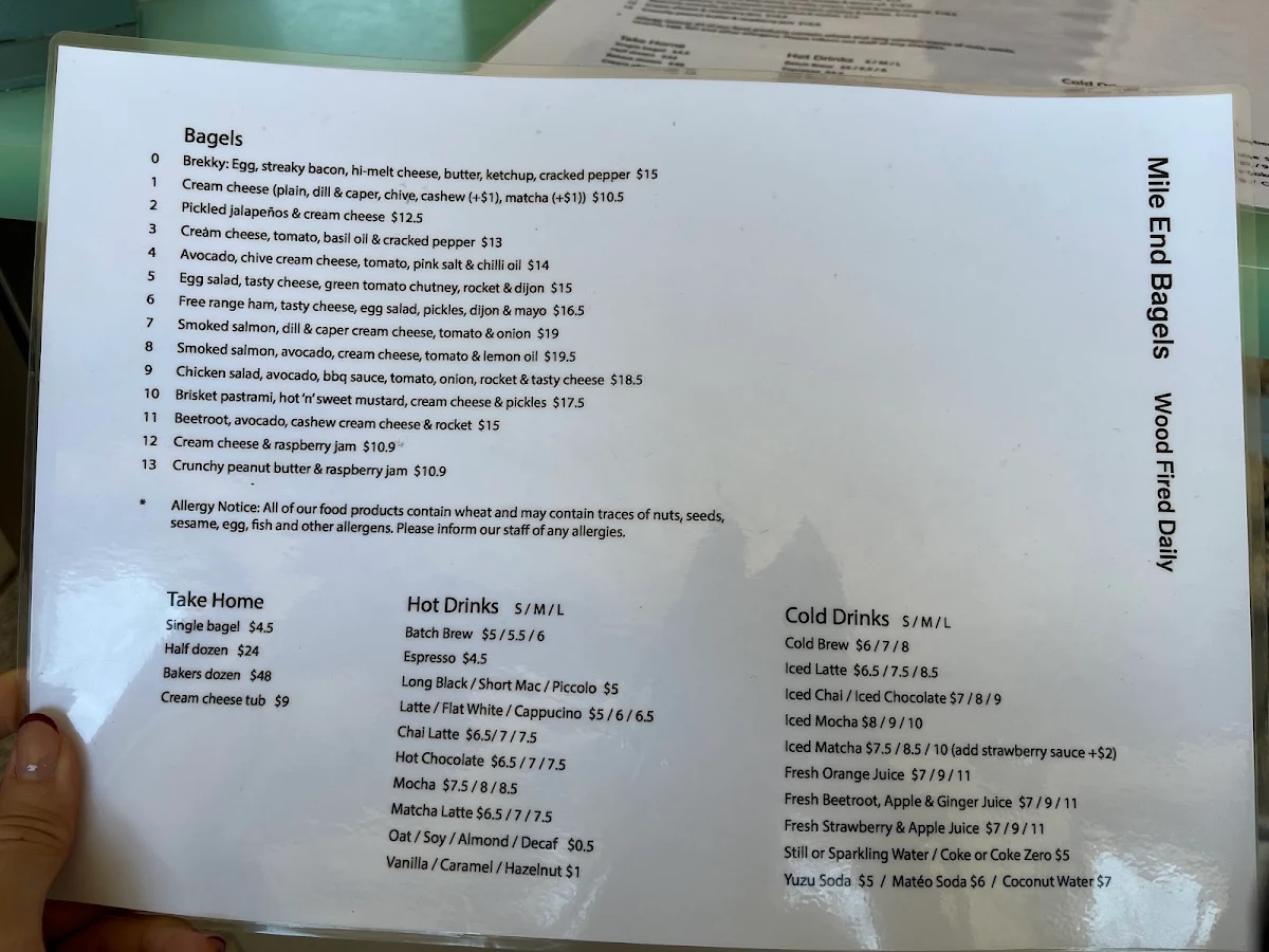 Menu, Mile End Bagels