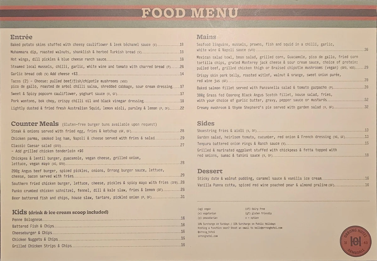 Menu, The Orrong Hotel