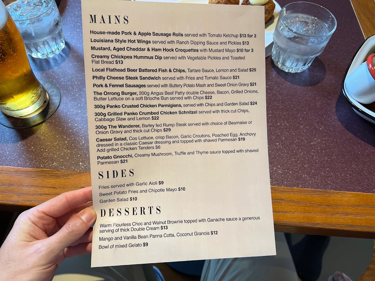 Menu, The Orrong Hotel