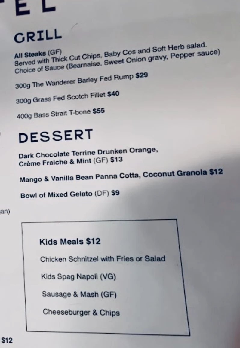Menu, The Orrong Hotel