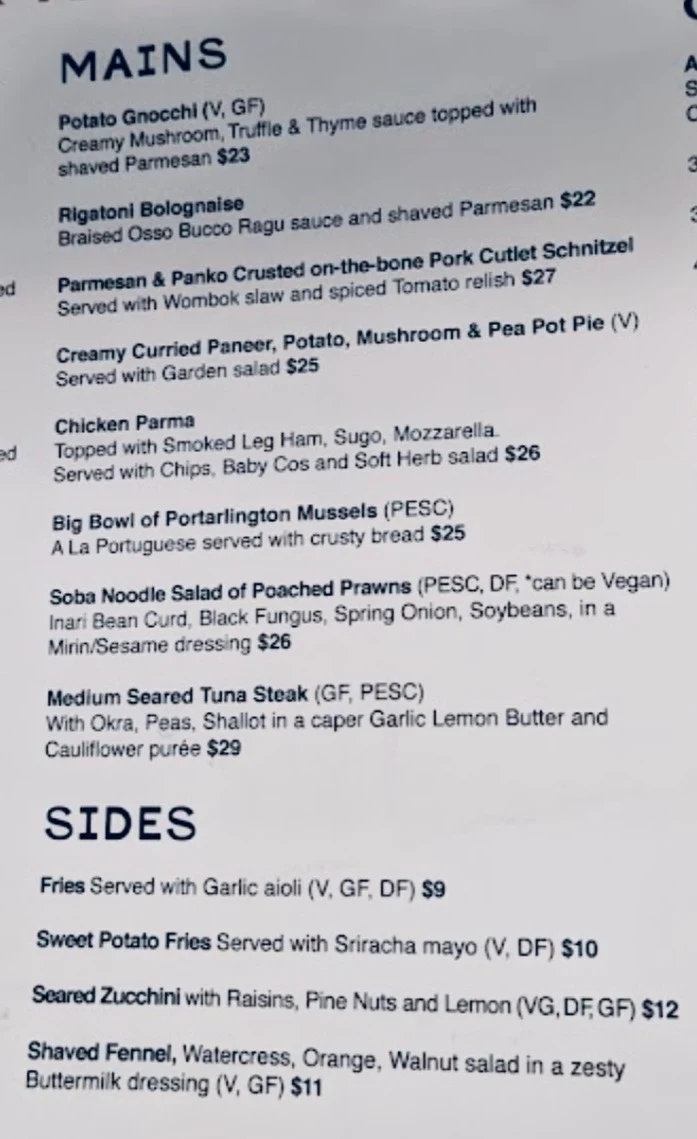 Menu, The Orrong Hotel