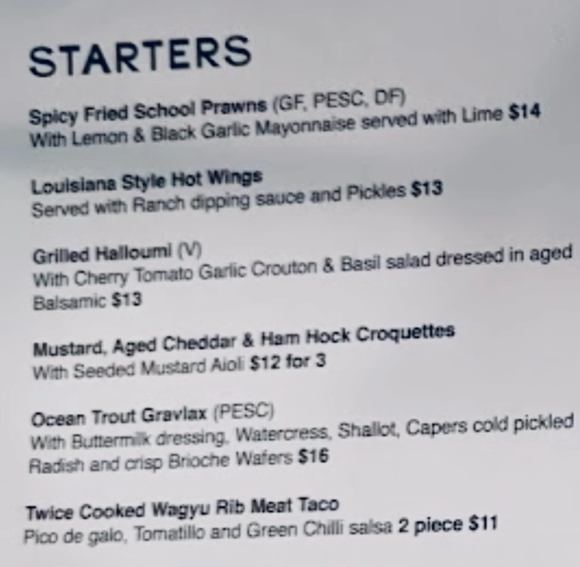 Menu, The Orrong Hotel