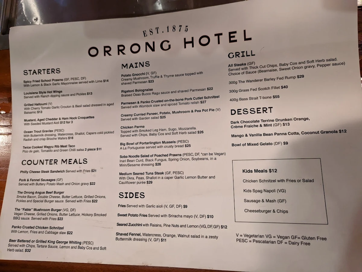 Menu, The Orrong Hotel