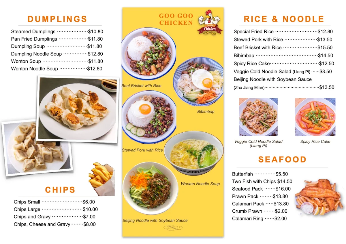 Menu, Goo Goo Chicken Woodville