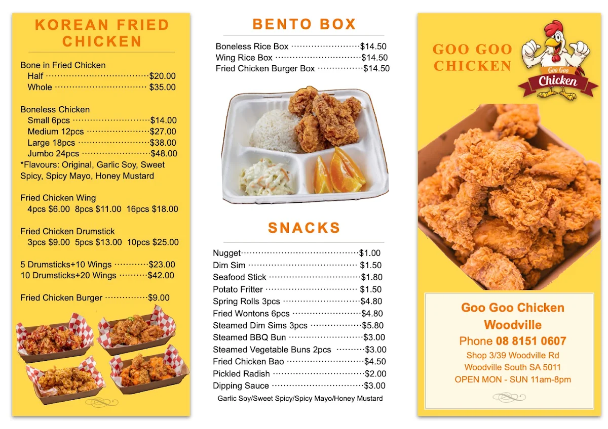 Menu, Goo Goo Chicken Woodville